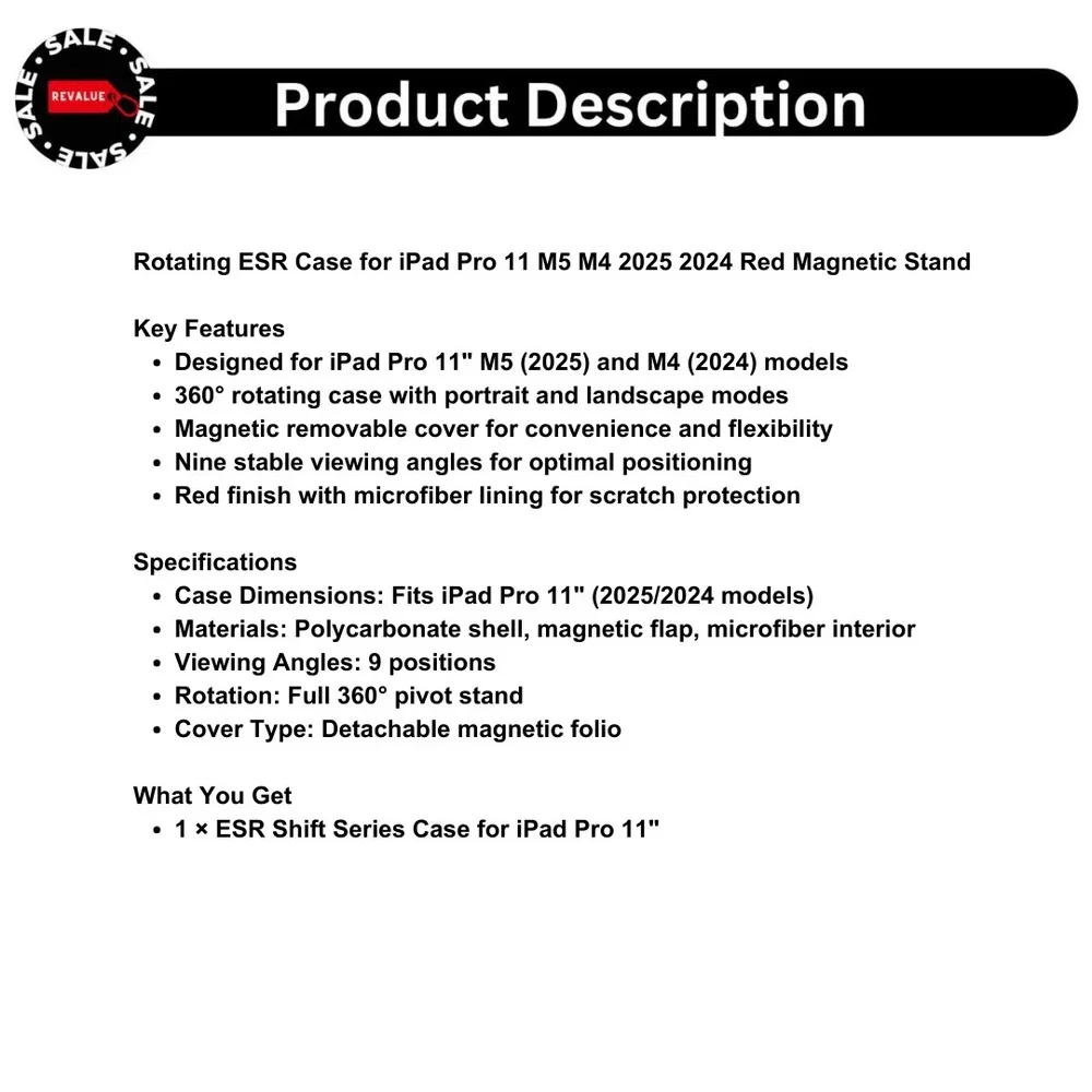 Rotating ESR Case for iPad Pro 11 M5 M4 2025 2024 Red Magnetic Stand